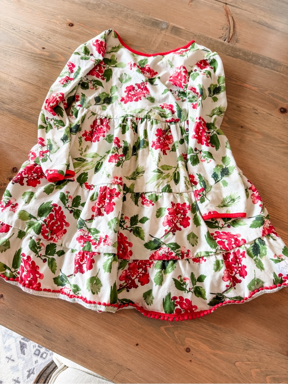Girls White Floral Dress with Red Trim